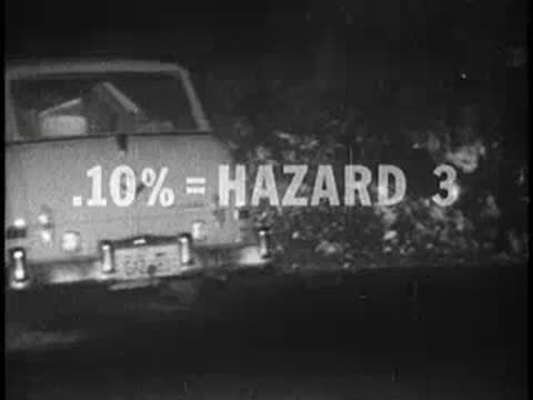 damaged vehicle and police officer at night accident scene with hazard text, 1960s