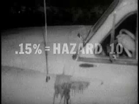 damaged vehicle with hazard text, then bartender serving drink, 1960s