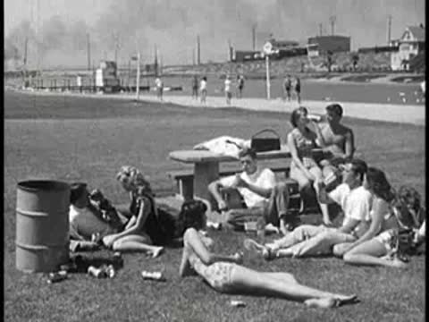 Wide shot of people relaxing on grass near a beach park.