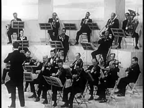 Wide shot of a symphony orchestra performing on a brightly lit stage indoors.