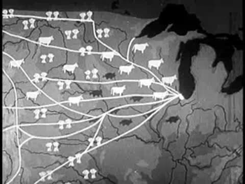An animated map of the US midwest showing cattle icons and routes.