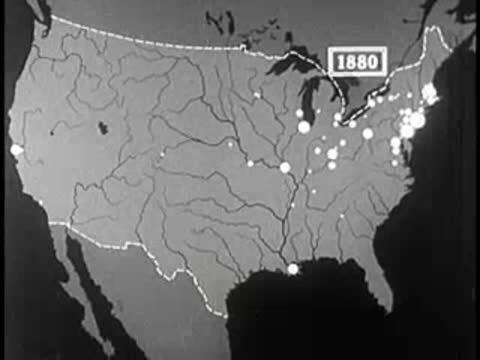 Animated map of the United States showing city growth from 1860 to 1900
