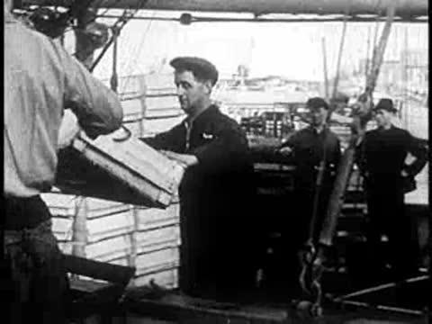 Dockworkers loading crates and boxes onto a ship cargo hold