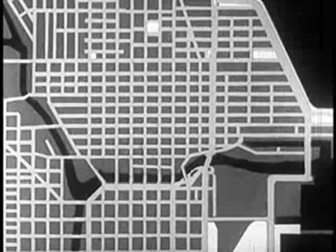 Animated urban grid map showing a highlighted square sector blinking
