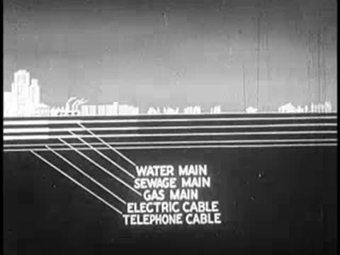 Cutaway diagram of city underground showing utility mains and cables