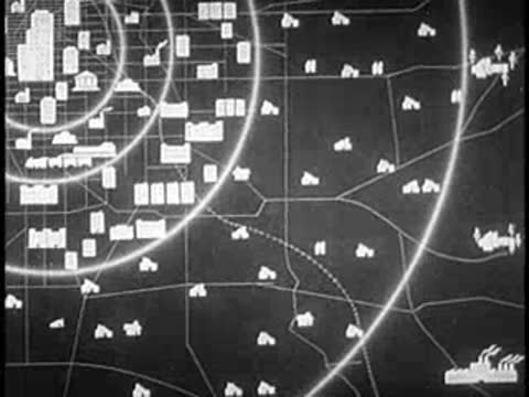 Animated city map with concentric rings and highlighted infrastructure points