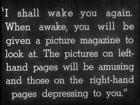 Intertitle instructions about magazine pages being amusing or depressing.