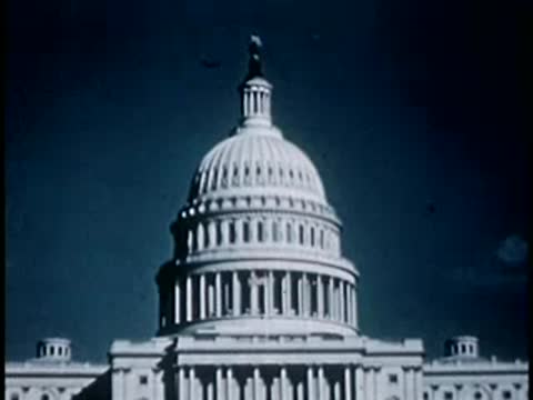 Detailed view of the top of the US Capitol dome, 1940s film style