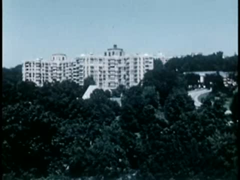 Distant view of a large apartment building behind a canopy of trees