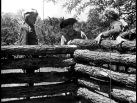 men working together to build a log fence in the woods