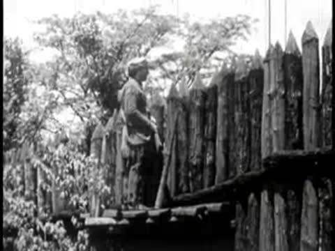 Pioneer standing on a platform looking over a wooden stockade fence.