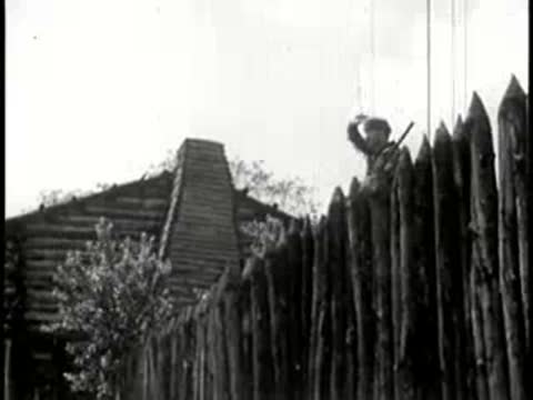 Pioneer standing atop a wooden stockade fence looking out.