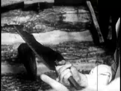 close-up of a hand holding and inspecting the blade of an axe