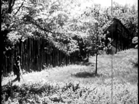 People walking along a wooden fence toward a cabin, historical settlement