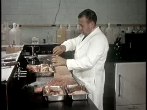 A person in a white lab coat preparing meat samples on a stainless steel counter