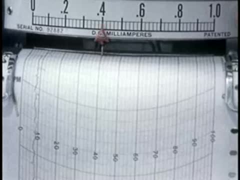 close-up of a recording instrument needle moving across graph paper with a hand writing notes
