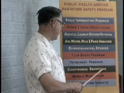 A man points to a list on a large chart, retro workplace