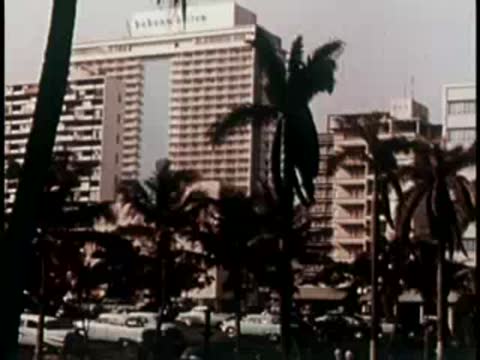 Hotel exterior viewed through palm trees with parked vintage cars.