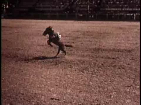 A rider on a horse moving across a dirt arena, 1950s rodeo.
