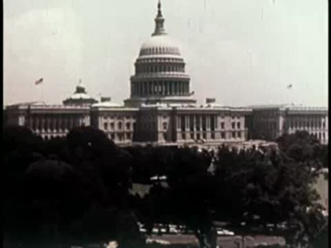 the united states capitol building dome viewed from a distance behind trees